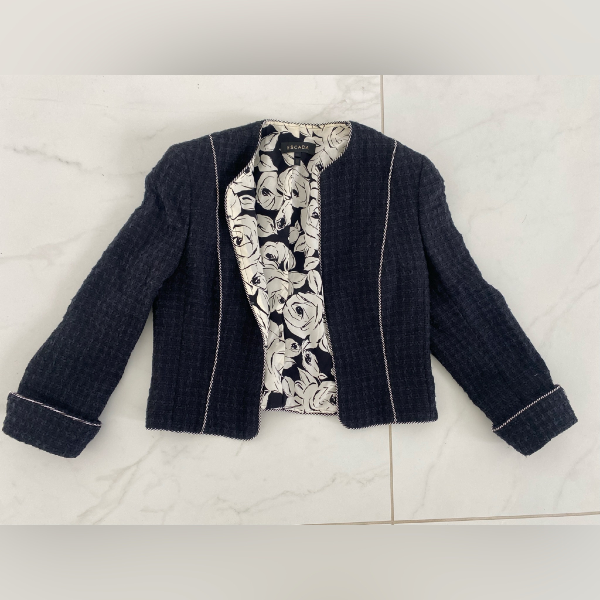 Escada Navy Blazer With Black And White Floral Lining